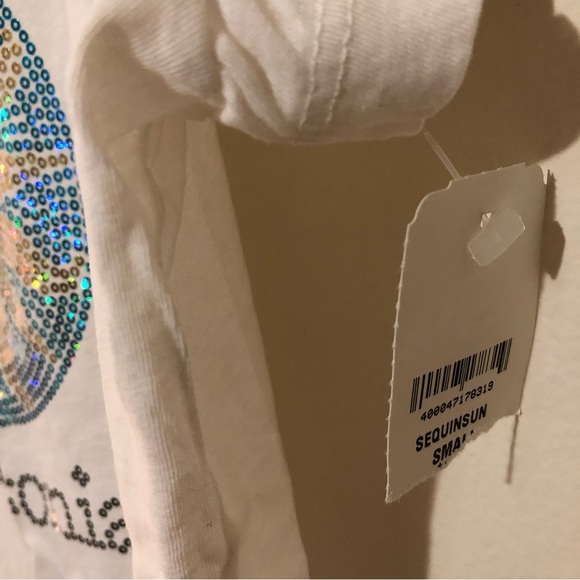 Sequin Tee Sparkly Glittery Sun Smithsonian Yellow Aqua Blue Cotton Small USA - Picture 6 of 8